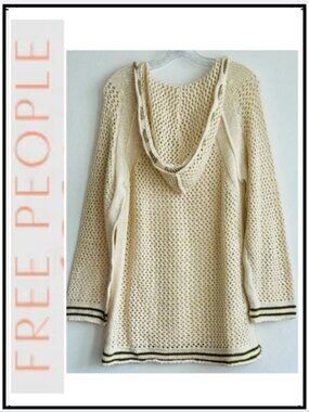 Free People Oversized Hooded v neck Beachy Boho Crochet Sweater
